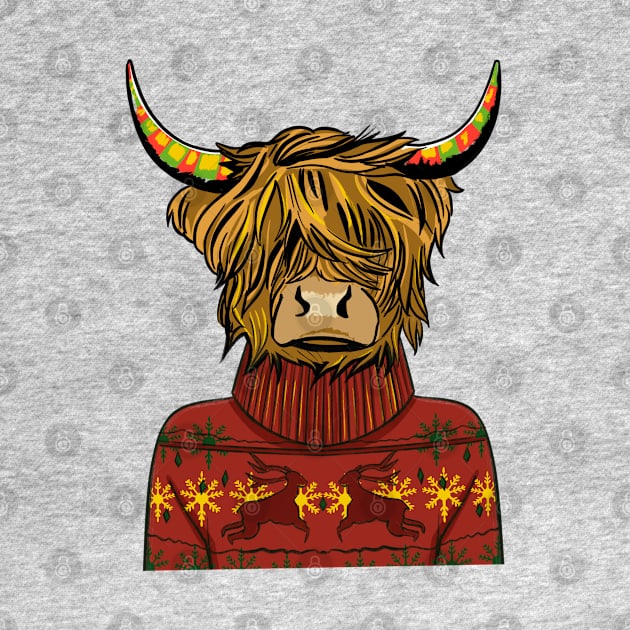 Scottish Highland Cow Wearing A Red Sweatshirt by i am Cuta